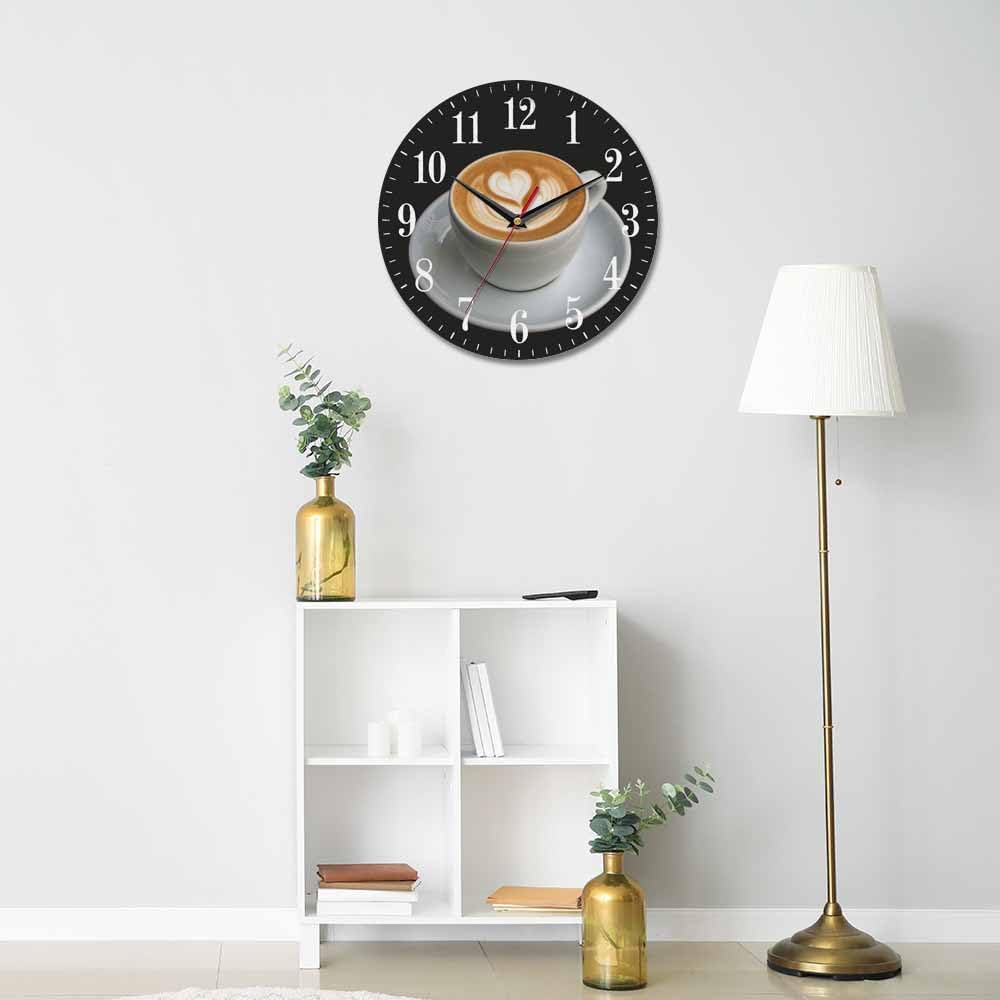 Mxocom Coffee Wall Clock Cappuccino Art Heart Pattern 10 Inch Silent Non Ticking Battery Operated Clock Vintage Round Clock for Living Room Bedroom Bathroom Office Decor