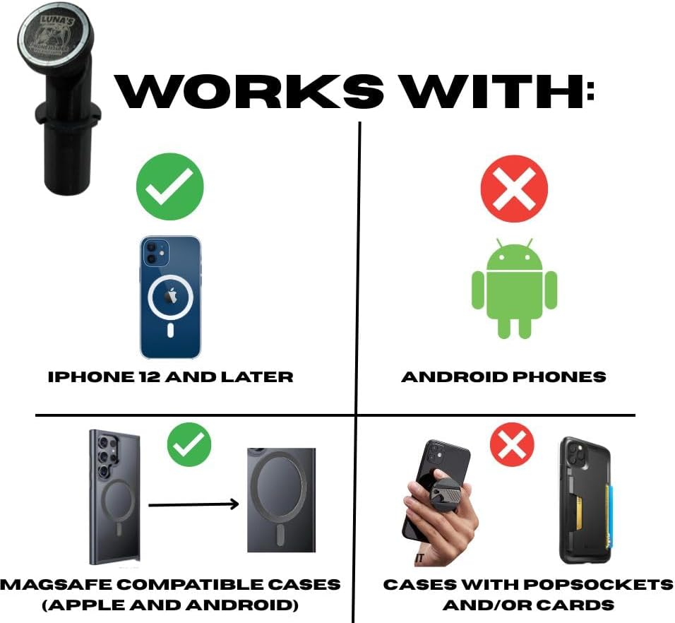 Luna's Phone Holder for Push cart Umbrella Ports, MagSafe Compatible Mount, 45lb Rated Magnet, Adjustable Neck, for iPhone 12 and Later, Golf Cart Compatible