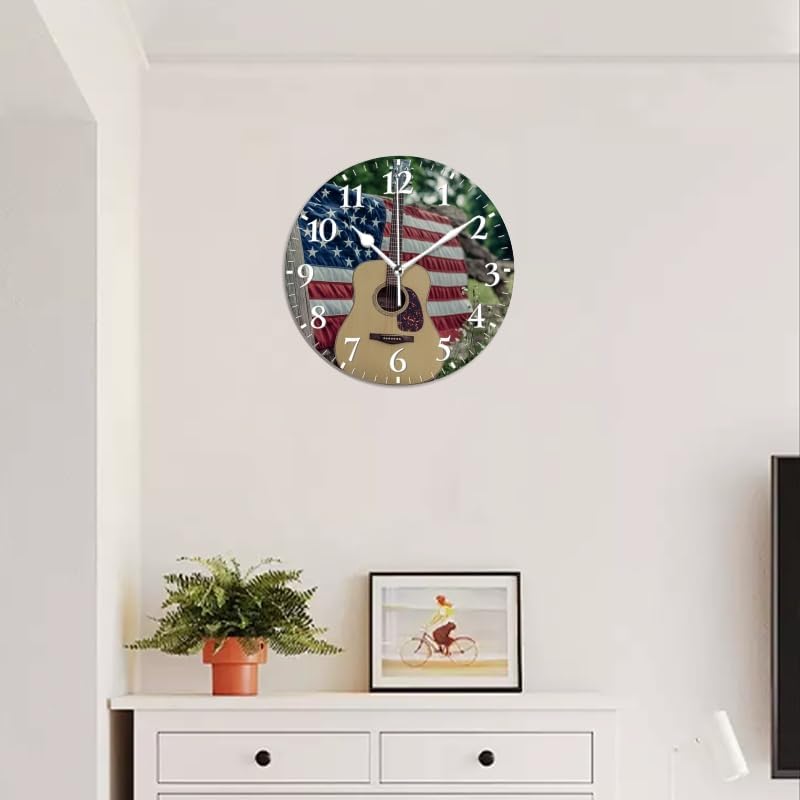 Guitar Wall Clock Non-Ticking Silent Clocks Battery Operated Analog Decor Clock for Home-Guitars Sitting On Fence with American Flag(14inch)