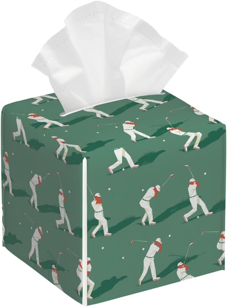 Square Leather Tissue Box Cover, Waterproof Napkin Dispenser with Golf Player Print, Tissue Holder for Bathroom, Living Room, Bedroom, Office, and Car Decor