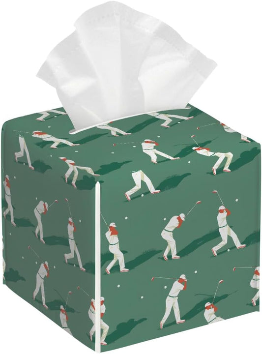 Square Leather Tissue Box Cover, Waterproof Napkin Dispenser with Golf Player Print, Tissue Holder for Bathroom, Living Room, Bedroom, Office, and Car Decor