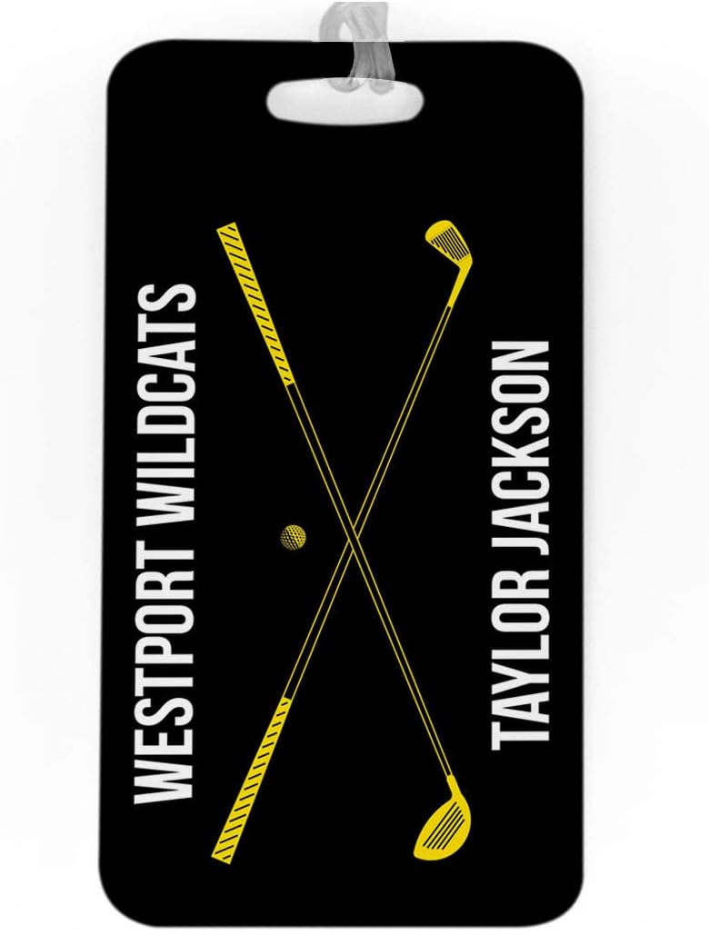 ChalkTalkSPORTS Golf Luggage & Bag Tag | Personalized Crossed Golf Clubs | Standard Lines on Back | Large | Black/Yellow