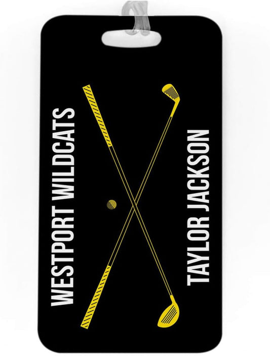 ChalkTalkSPORTS Golf Luggage & Bag Tag | Personalized Crossed Golf Clubs | Standard Lines on Back | Large | Black/Yellow