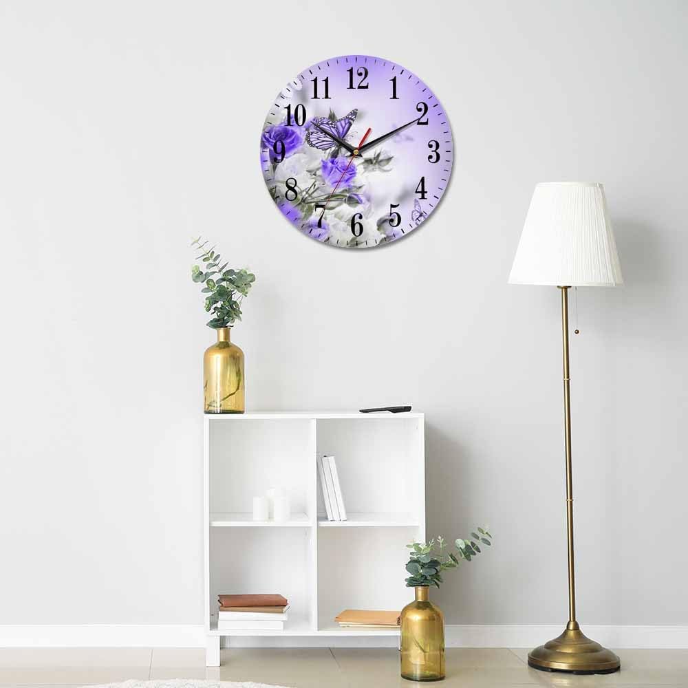 Mxocom Butterfly Floral Wall Clock Bouquet of White and Purple Roses 10 Inch Silent Non Ticking Battery Operated Clock Vintage Round Clock for Living Room Bedroom Bathroom Office Decor