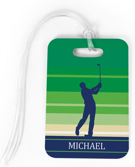 ChalkTalkSPORTS Golf Luggage & Bag Tag | Personalized Male Golfer | Standard Lines on Back | Medium | Green