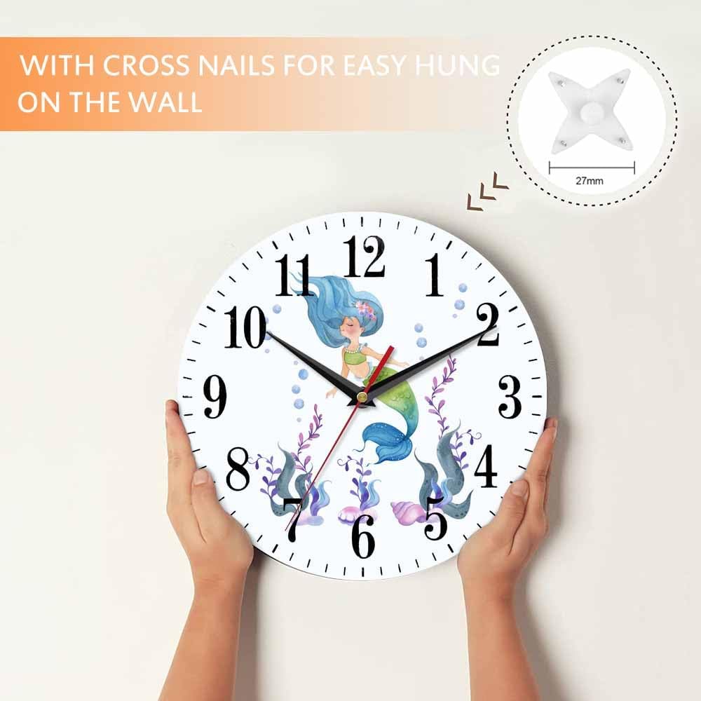 Mxocom Mermaid Wall Clock Watercolor Cartoon Mermaid Tail and Floral 10 Inch Silent Non Ticking Battery Operated Clock Vintage Round Clock for Living Room Bedroom Bathroom Office Decor