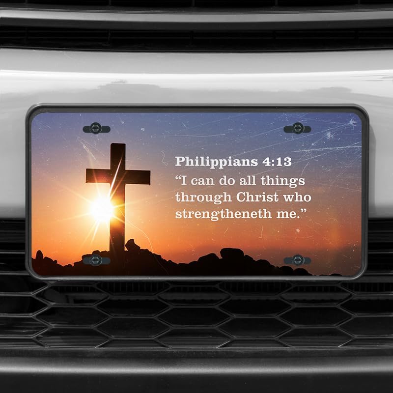 Unique Vanity License Plates | 16 Individual Designs | 3 Sizes (Automobile, Golf Cart, Motorcycle/Bike) | Made in U.S.A. | Custom Car Tags (Philippians 4:13, Standard (12" x 6"))