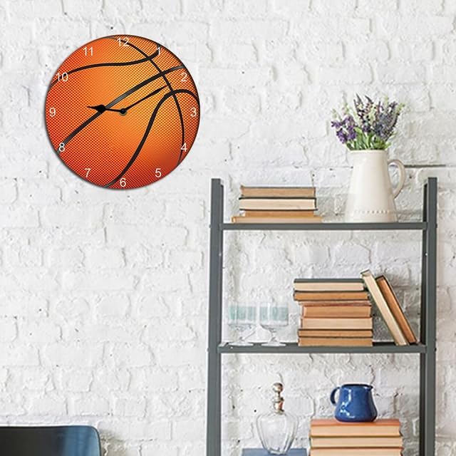 Basketball Wall Clock Sport Ball Wall Clock Wooden Bathroom Clock Battery Operated Non Ticking Silent Clocks Living Room Decorative Clock Round 10inch