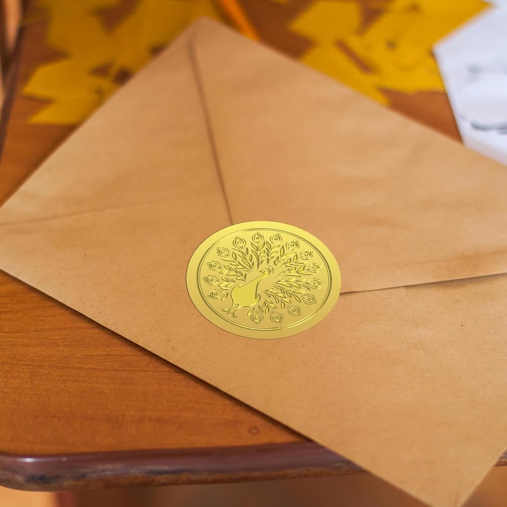 Peacoblue Gold Foil Stickers Seals Embossed 2 Inch 100Pcs Peacock, Self Adhesive Gold Around Embossing Sticker for Envelope Seal Party Invitation Gift Card Present Decoration Certificate Paper