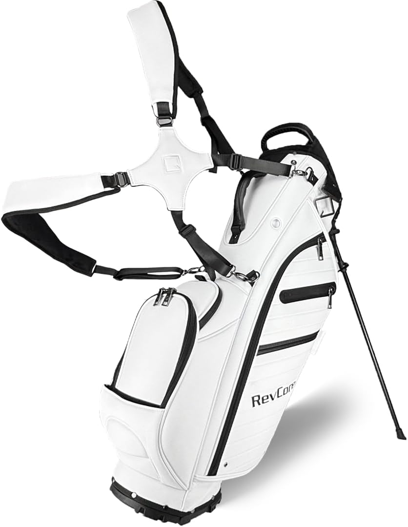 RevCore LT Lightweight Golf Stand Bag by CaddyDaddy – Premium Synthetic Leather Carry Golf Bag for Men & Women with 5-Way Divider, Cooler Pocket, Dual Strap – Golf Bag with Stand
