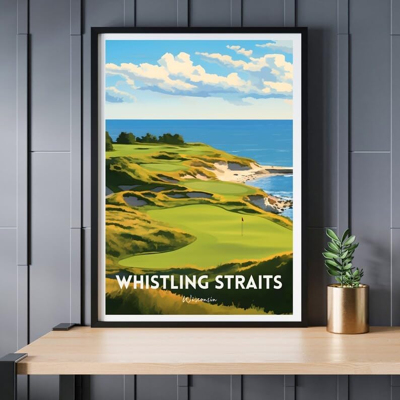Nationcog Whistling Straits Golf Wall Art Print, Retro Wisconsin Coastal Poster for Living Room or Office, Scenic Course Decor for Men, Gift Idea for Dad, Lakefront Room Accent (Unframed) (20x30)