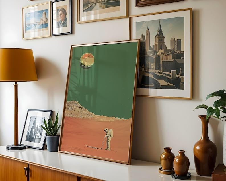 Retro Space Golf Wall Art, Vintage Mars Landscape Sports Print for Bar, Office or Game Room Decor, Astronaut Golfer Poster with Tee Time Theme (Unframed) (9x11)