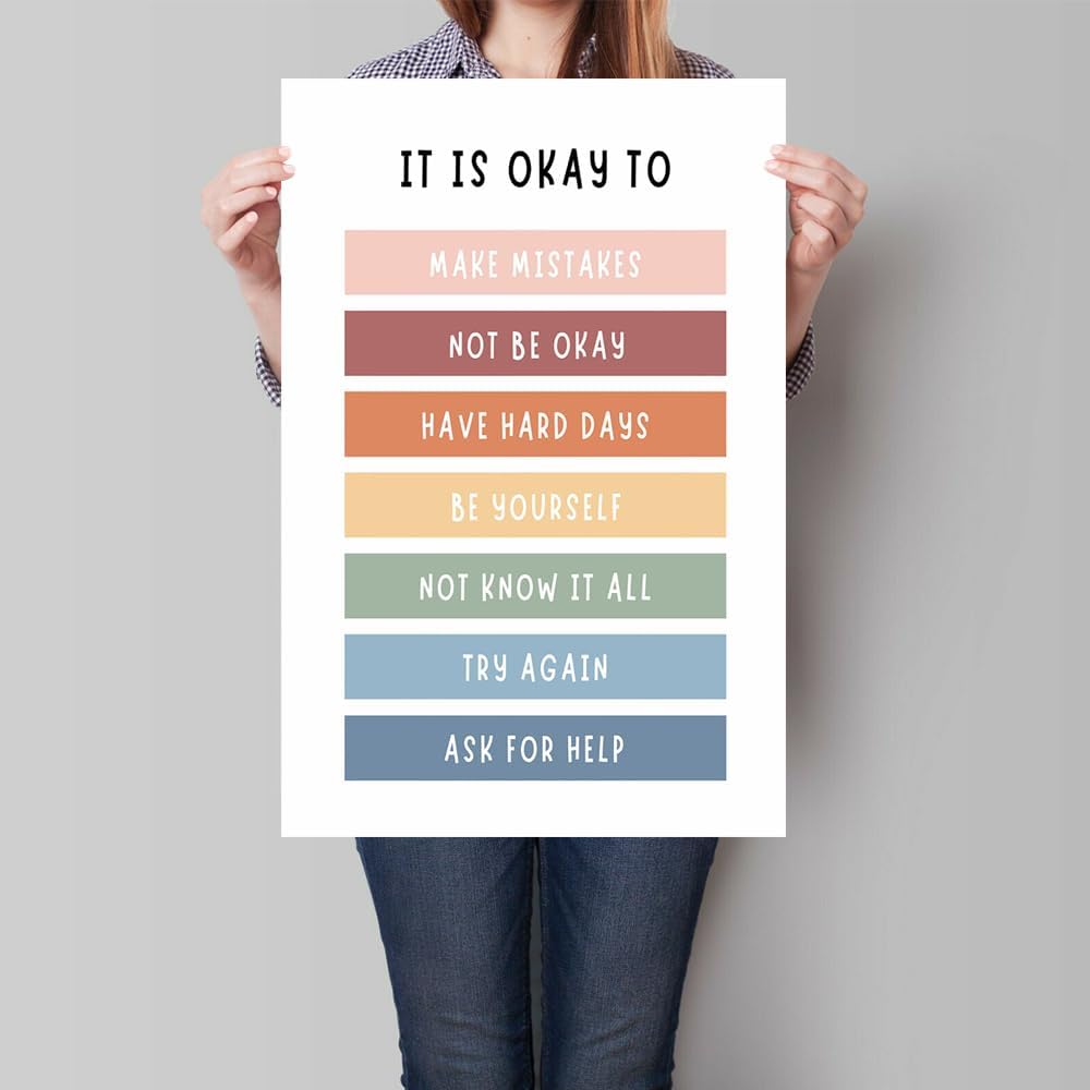 uoyien Growth Mindset Mental Health Posters Boho Classroom Playroom Therapy Office Decor Affirmations Quotes Canvas Wall Art Kids Educational Prints For Calming Corner Decoration 12x16in Unframed