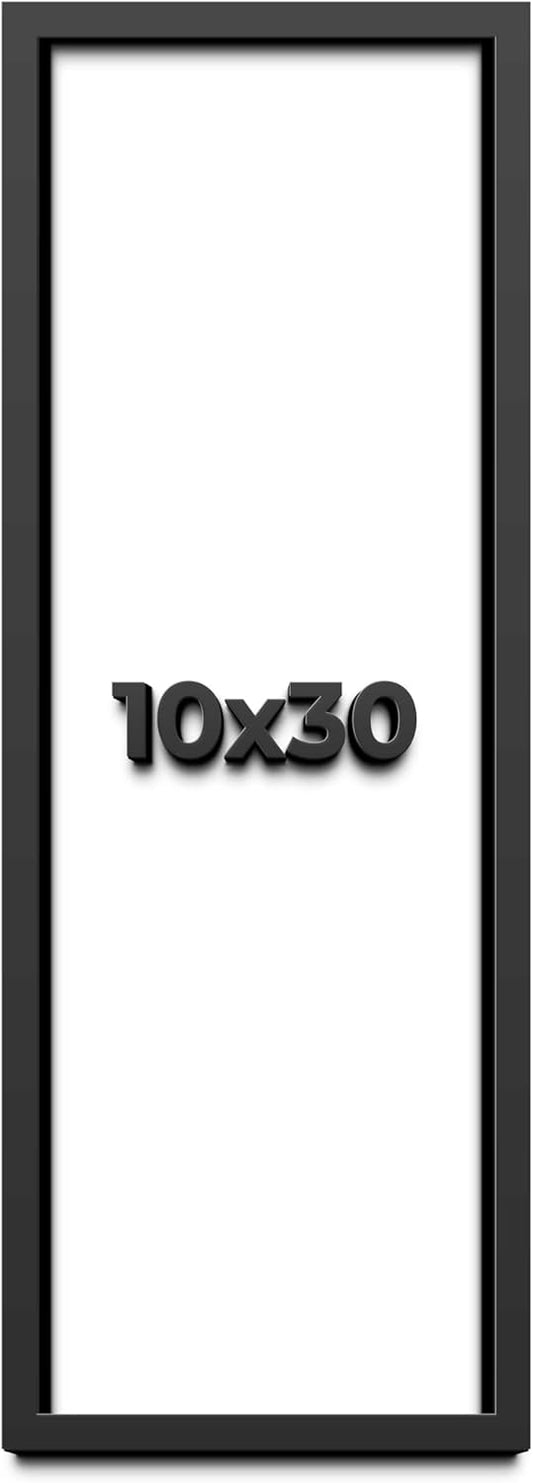 10x30 Shadow Box Black Solid Wood Display Frame with White Acid-Free Backing UV Acrylic & Hanging Hardware - with 3/4" Usable Depth