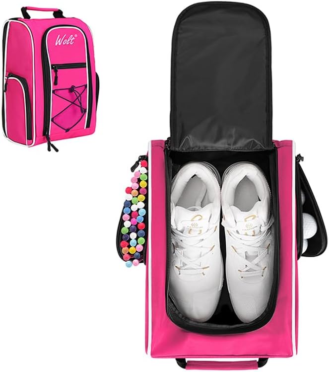 Wolt Golf Shoe Bag - Sports & Travel Shoes Carrier Bags with Ventilation & Double Outside Accessory Pocket for Socks, Tees, Golf Balls, etc. for women and men (Pink)
