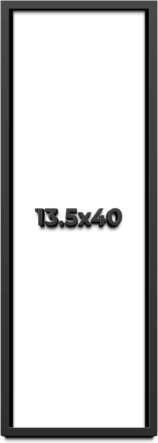 13.5x40 Shadow Box Black Solid Wood Display Frame with White Acid-Free Backing UV Acrylic & Hanging Hardware - with 3/4" Usable Depth