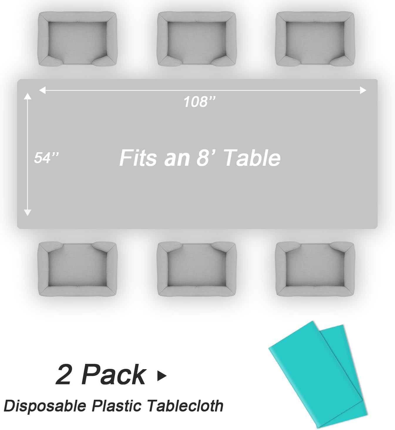 QIKSION Plastic Table Cloth Disposable 2 Pack, 54 x 108 Inch Tablecloths for Rectangle Tables, Aqua Blue Plastic Table Cover