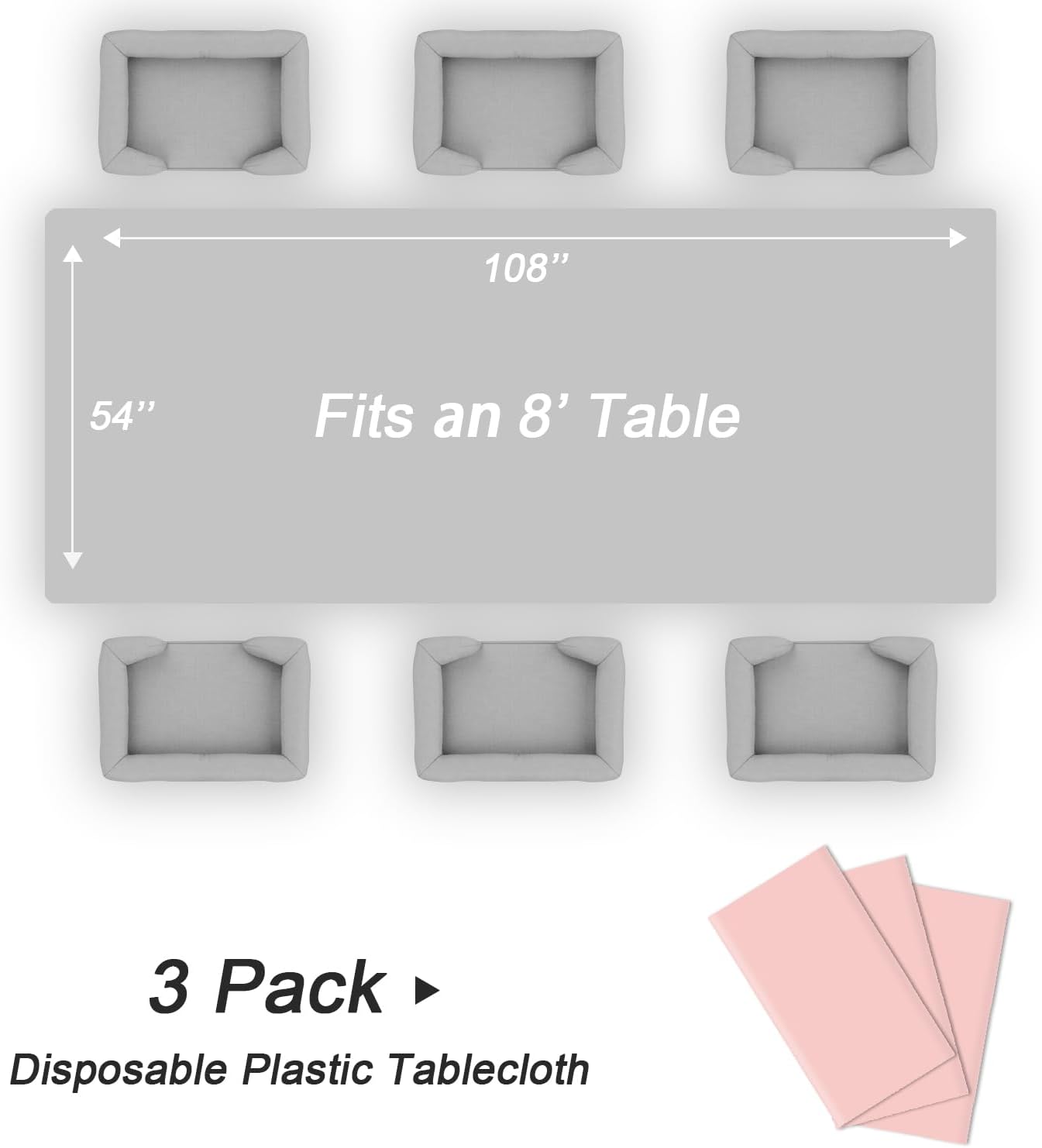 QIKSION Plastic Table Cloth Disposable 3 Pack, 54 x 108 Inch Tablecloths for Rectangle Tables, Blush Pink Plastic Table Cover