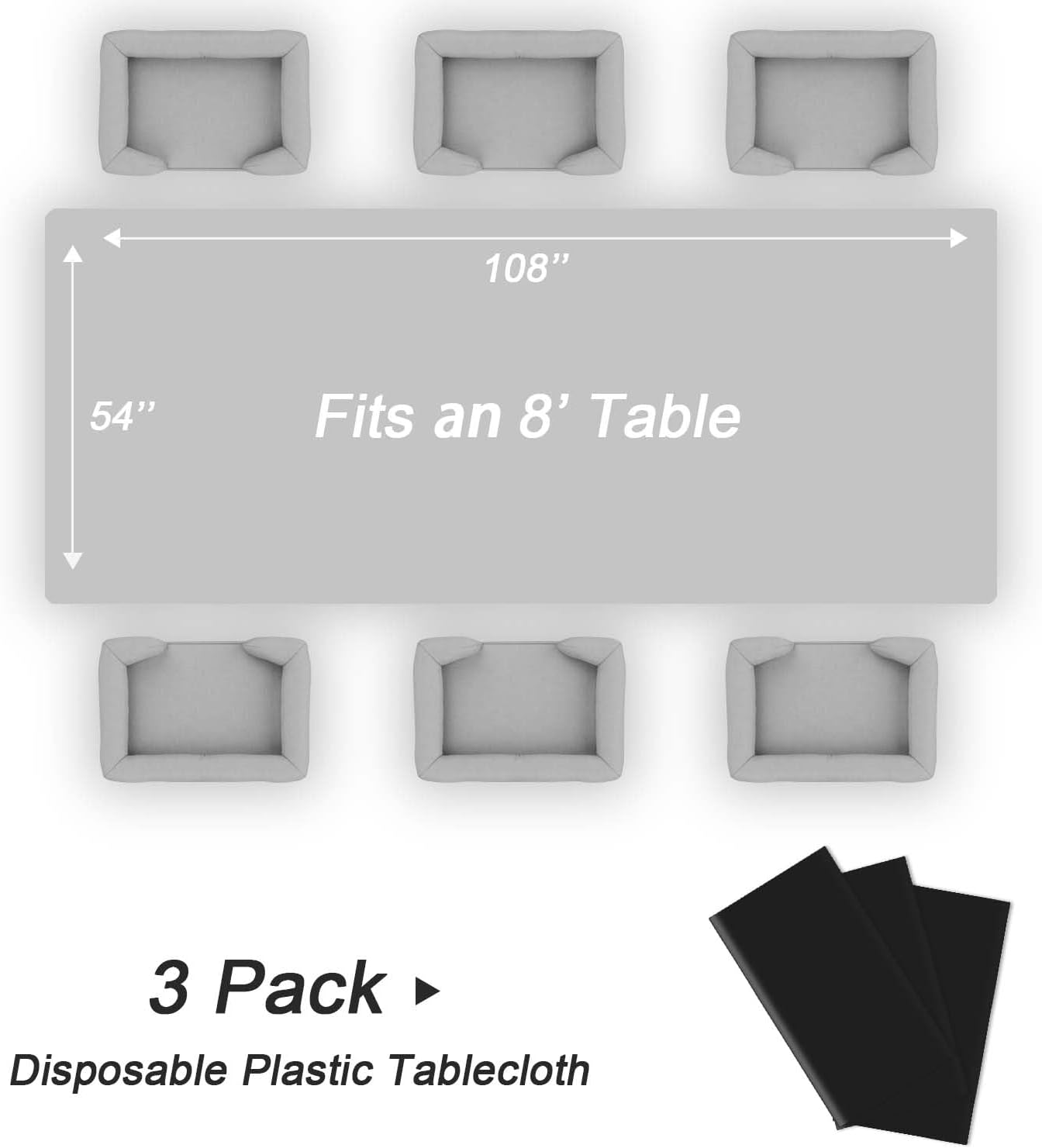 QIKSION Plastic Table Cloth Disposable 3 Pack, 54 x 108 Inch Tablecloths for Rectangle Tables, Black Plastic Table Cover