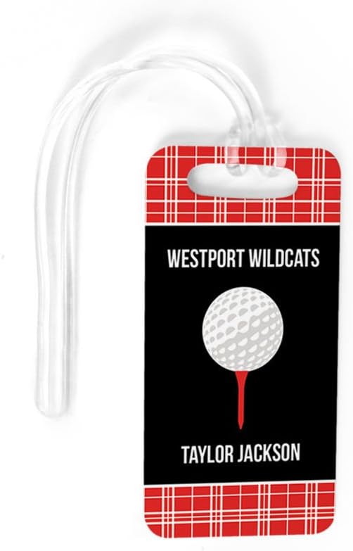 ChalkTalkSPORTS Golf Luggage & Bag Tag | Personalized Team with Golf Ball | Standard Lines on Back | Small | Red/Black