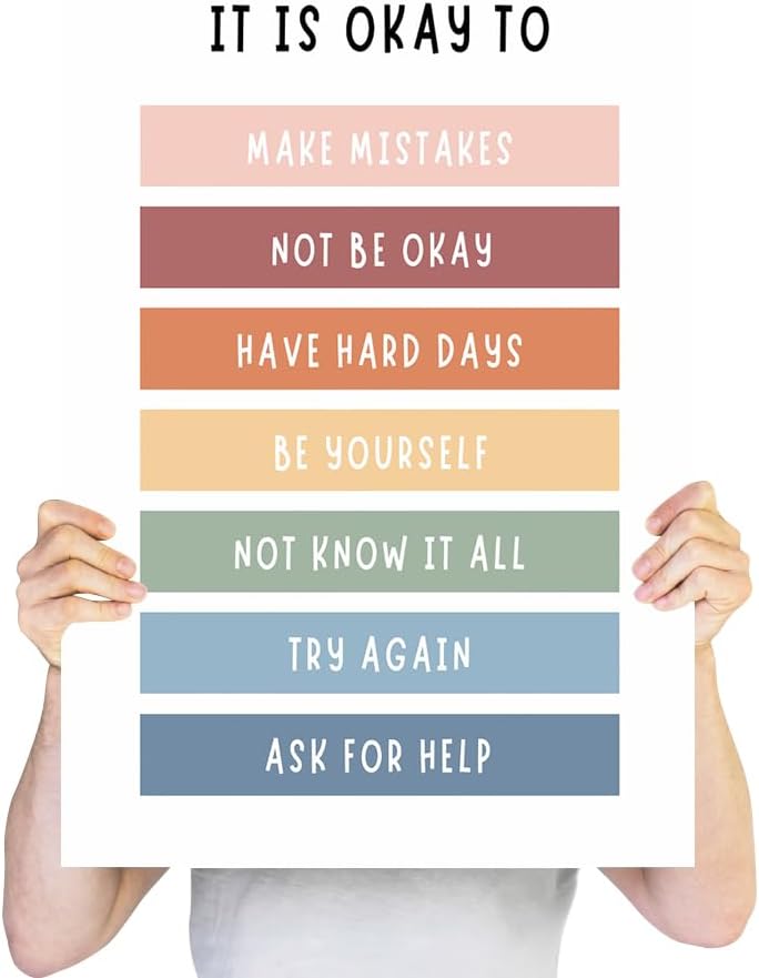 uoyien Growth Mindset Mental Health Posters Boho Classroom Playroom Therapy Wall Decor Affirmations Quotes Canvas Wall Art Kids Educational Prints For Calming Corner Decoration 16x24in Wood Framed