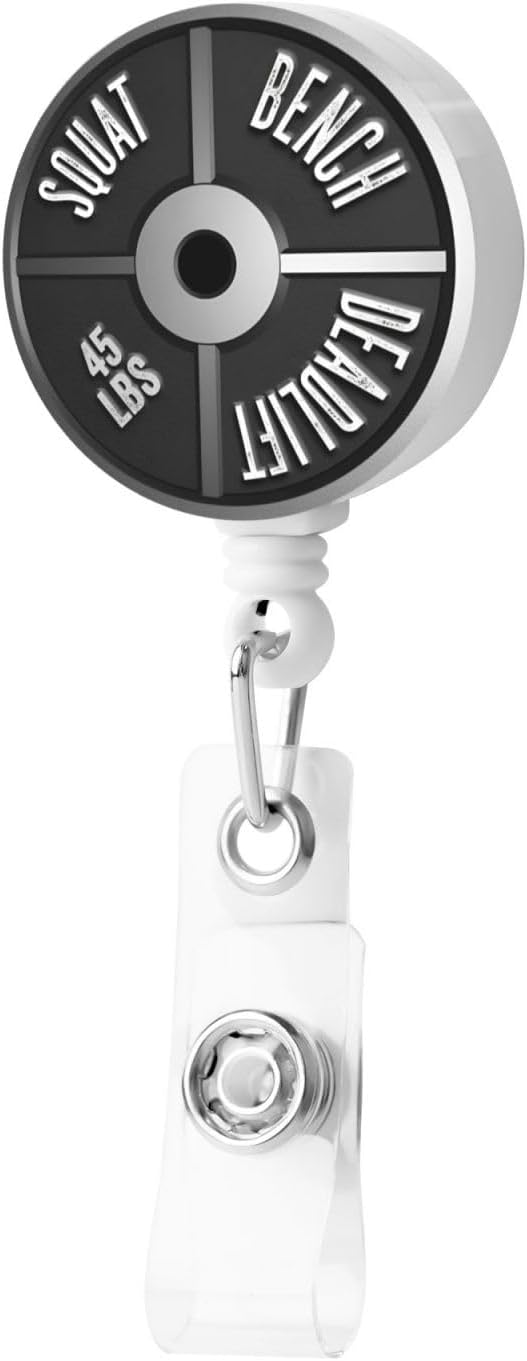 Barbell Plate Weight Badge Reels Retractable Badge Holder with Clip for Id Name Tag Office Worker Student Teacher Nurse Doctor