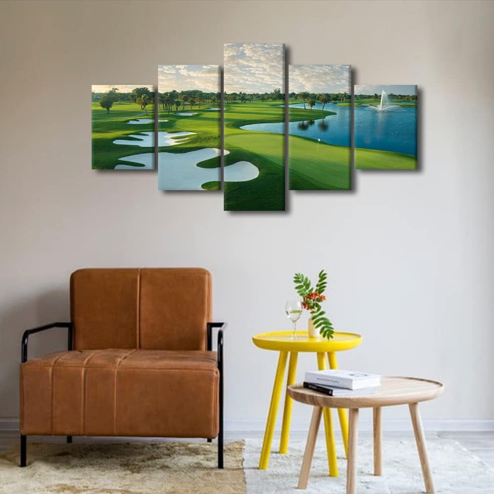 Golfing Link Scenery Paintings Green Meadow Pictures for Living Room Multi Panel Prints Wall Art on Canvas Contemporary Artwork Bedroom Home Decor Framed Gallery-Wrapped Ready to Hang - 60" W x 32" H