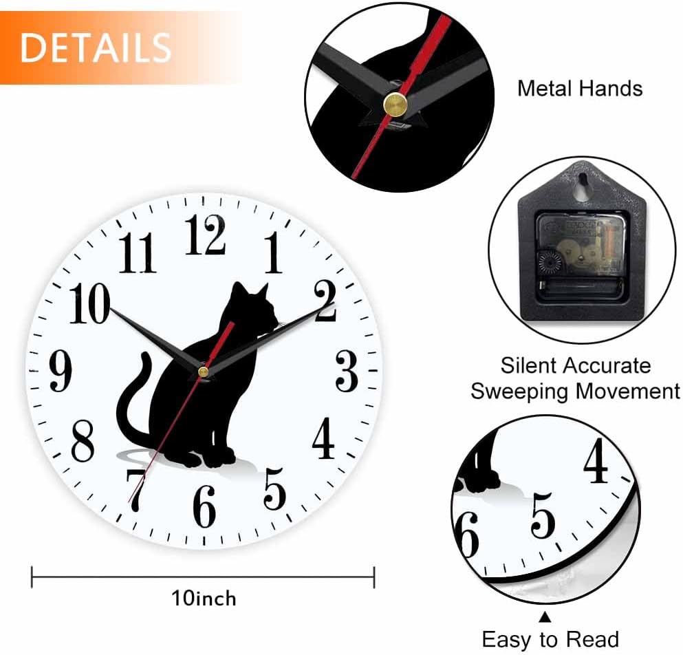 Mxocom Cat Silhouette Wall Clock Pet Animal Kitten Standing Black Outline 10 Inch Silent Non Ticking Battery Operated Clock Vintage Round Clock for Living Room Bedroom Bathroom Office Decor