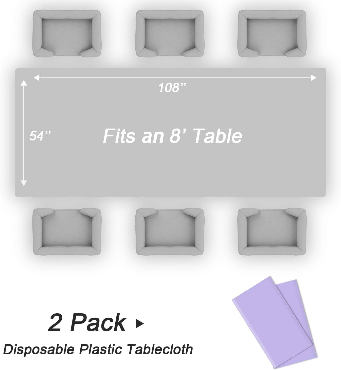 QIKSION Plastic Table Cloth Disposable 2 Pack, 54 x 108 Inch Tablecloths for Rectangle Tables, Lavender Plastic Table Cover