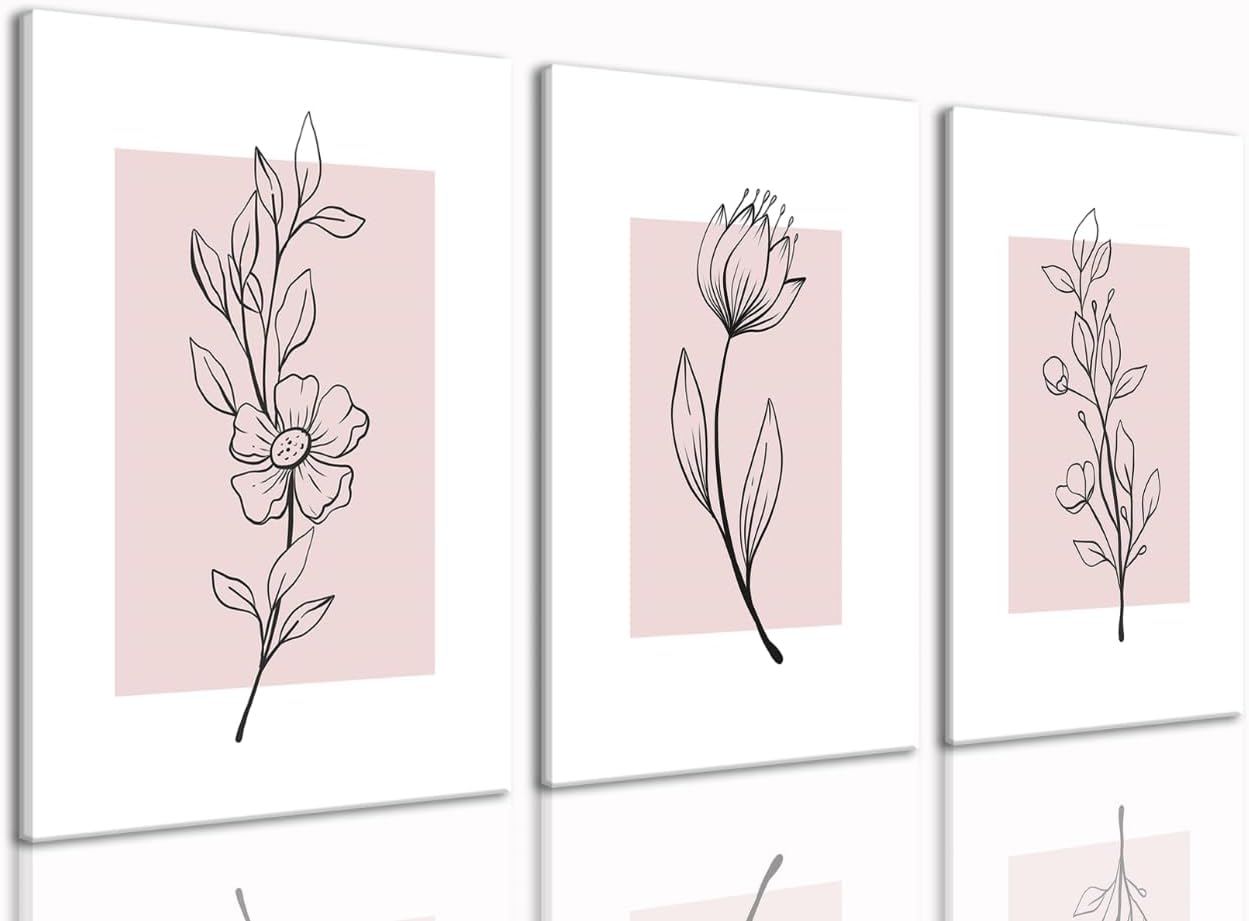 MTFBWY Floral Wall Art Line Flower Canvas Print Pink Botanical Pictures Poster Home Wall Decor Framed Minimalist Painting Artwork Set of 3 for Bedroom,Living Room Bathroom 12"x16"