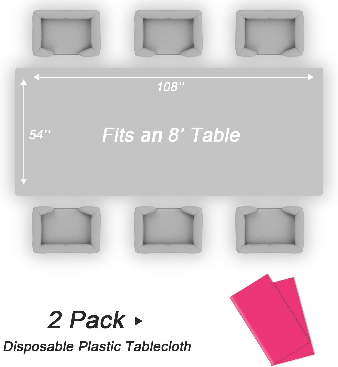 QIKSION Plastic Table Cloth Disposable 2 Pack, 54 x 108 Inch Tablecloths for Rectangle Tables, Hot Pink Plastic Table Cover