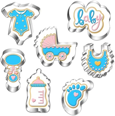 Baby Shower Cookie Cutter Set-7 Piece Onesie, Bib, Rattle, Bottle, Carriage, Foot and Word Biscuit Cookie Cutters Fondant Molds for Baby Shower Birthday Party