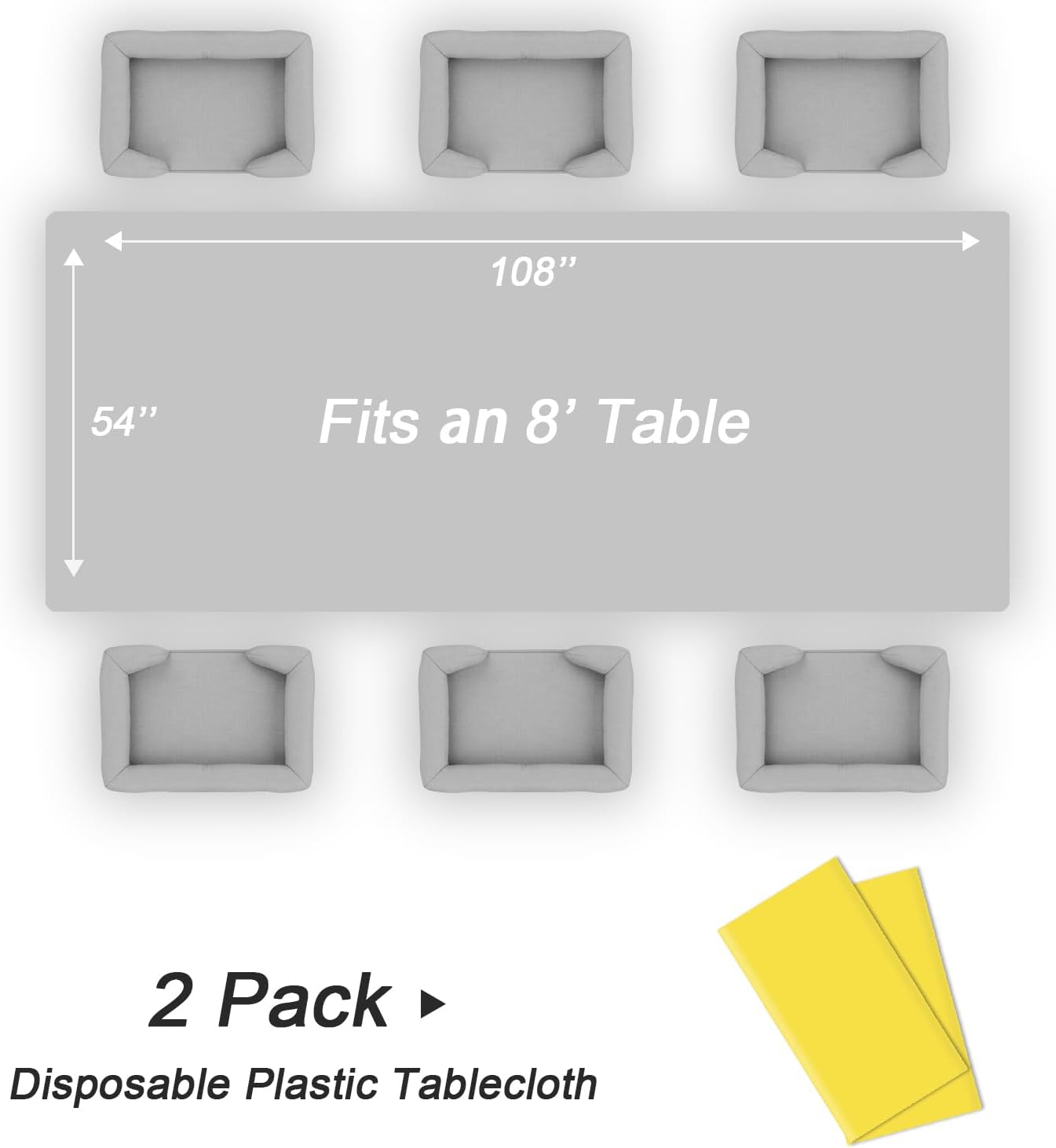 QIKSION Plastic Table Cloth Disposable 2 Pack, 54 x 108 Inch Tablecloths for Rectangle Tables, Yellow Plastic Table Cover