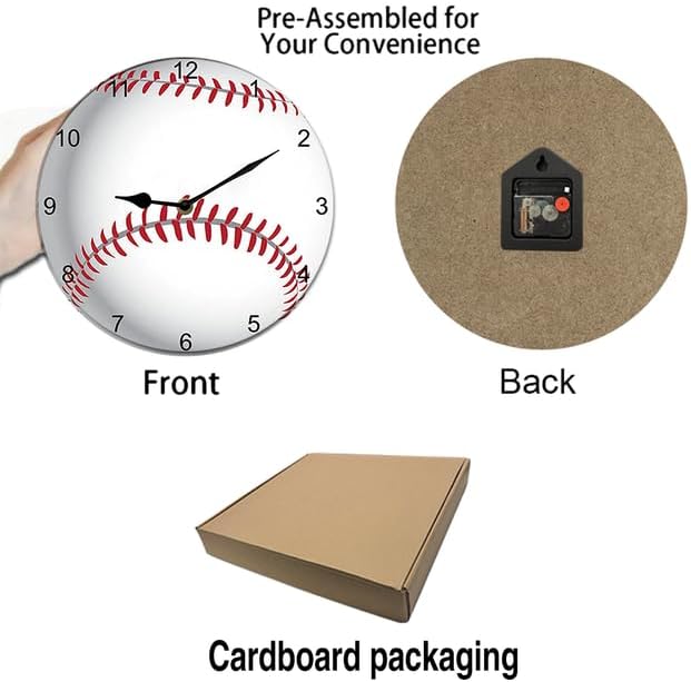 Baseball Wall Clock Sport Ball Wall Clock Wooden Clock Wall Decor Battery Operated Clocks Wall Clock Non Ticking Quartz Analog Bathroom Clock Round 10inch