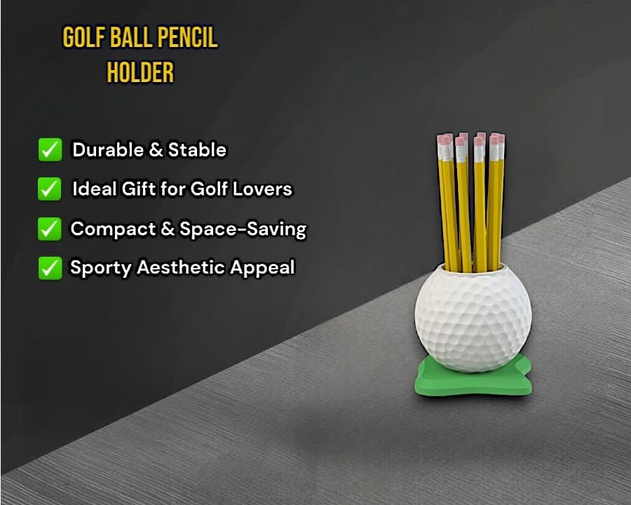 Golf Ball Pen Holder Desk Organizer, White with Green Base – Golf Gift for Office, Home, Golf Lovers.