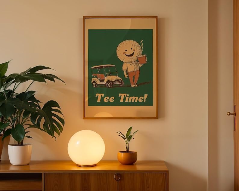 Vintage Tee Time Golf Wall Art, Retro Sports Poster Print for Bar, Office or Game Room Decor, Whimsical Golfer Artwork with Coffee and Golf Cart (Unframed) (24x36)