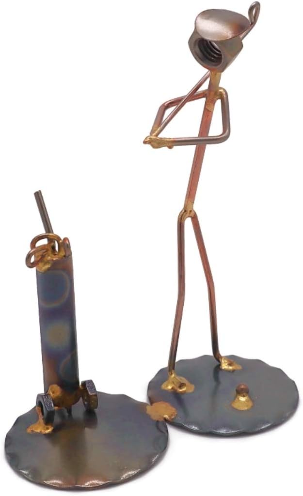 Golf Backswing Man with Clubs Collectible Handmade Metal Art Figurine, Desk Accessories, Trophy, Boss Gift, Office Décor, Business Professional, Golfing