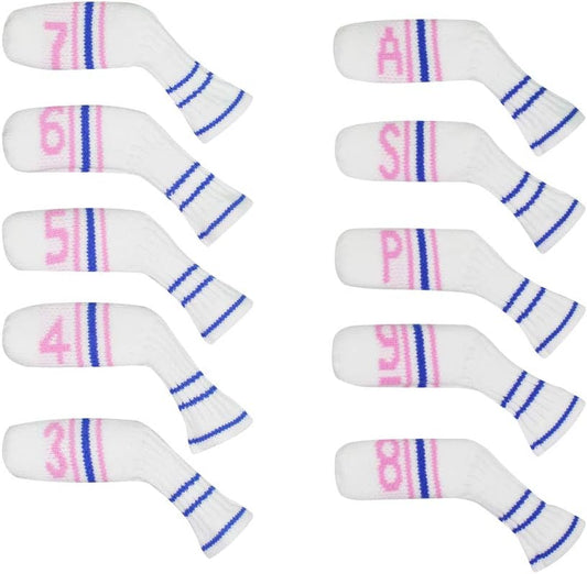 Scott Edward 1/7/10 Pcs Knitted Golf Club Head Covers for Irons Wedge Cuteness and Basically Socks Shape Washable Golf Club Head Protector on Classic Stripes Style，Double Sided Customization
