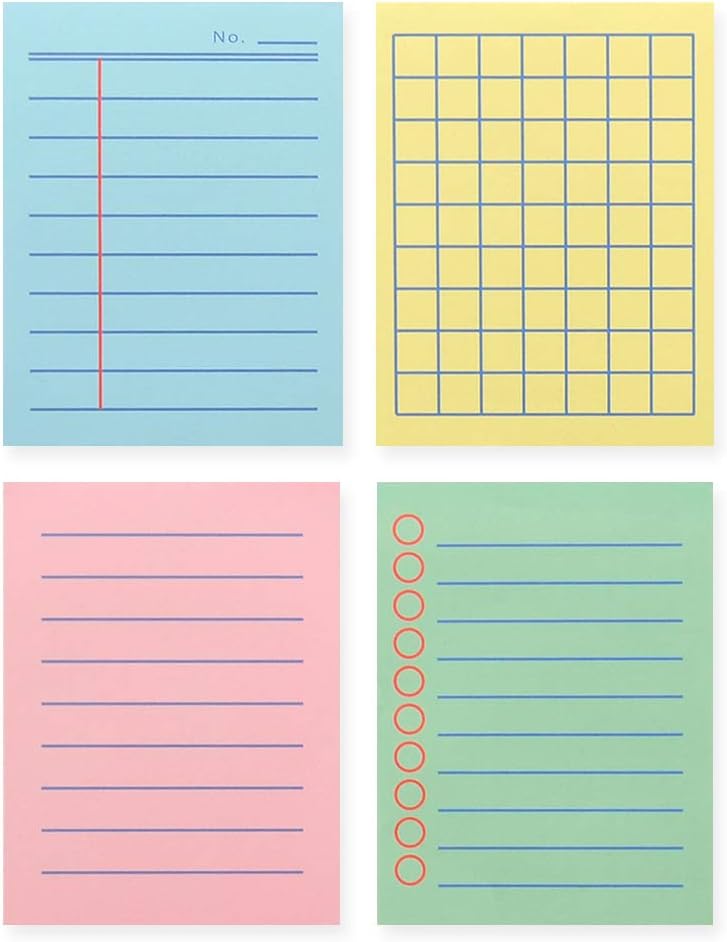 Monolike Memopad Boldline Color design SET - 4 Packs, 4 Different Designs, 100 Sheets Per Pad, Total 400 Sheets, Note pads, Writing pads, 3.15 x 4.17 Inches