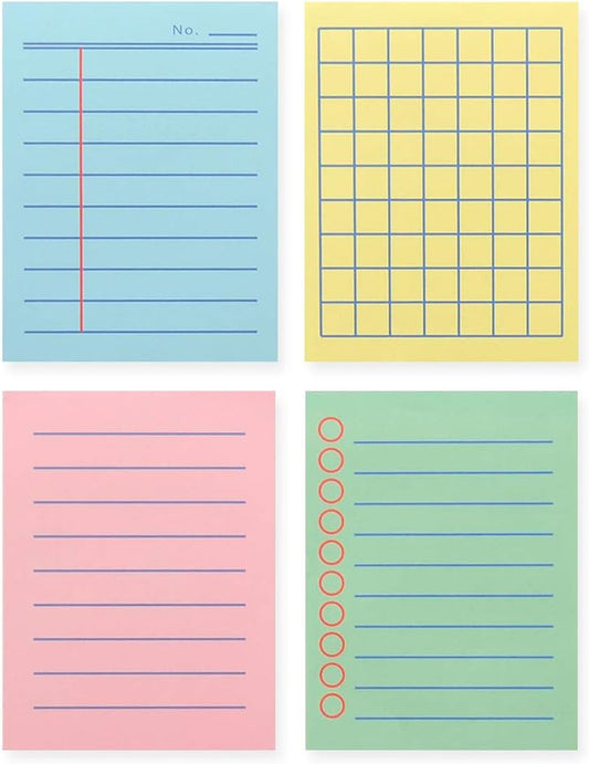 Monolike Memopad Boldline Color design SET - 4 Packs, 4 Different Designs, 100 Sheets Per Pad, Total 400 Sheets, Note pads, Writing pads, 3.15 x 4.17 Inches