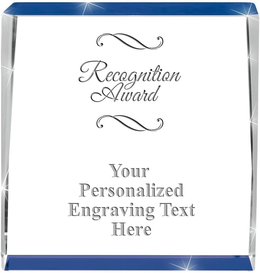Crown Awards Customizable Crystal Trophy, 4" Engraved Blue Spotlight Crystal Award
