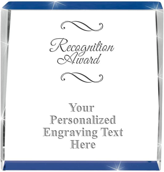 Crown Awards Customizable Crystal Trophy, 4" Engraved Blue Spotlight Crystal Award