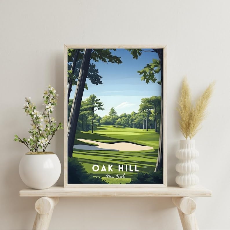 Nationcog Oak Hill Golf Poster, Vintage New York Travel Wall Art Print, Retro Country Club Artwork, Classic Golf Decor for Home, Bar or Office (Unframed) (12x18)