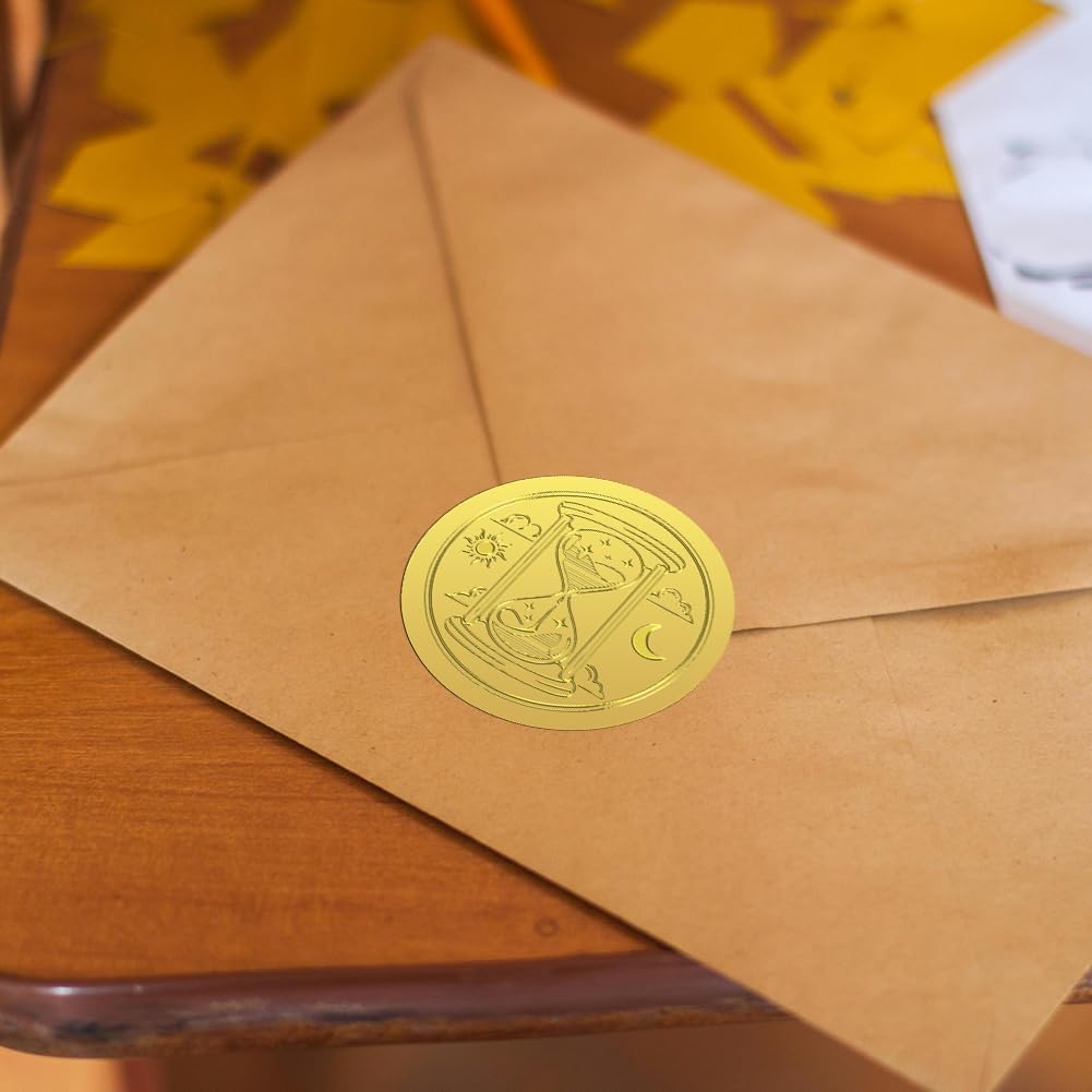 Peacoblue Gold Foil Stickers Seals Embossed Divination and Hourglass 2 Inch 100Pcs for Gift Present Card Decor, Envelop Seals, Invitation, Self Adhesive Gold Around Embossing Stickers