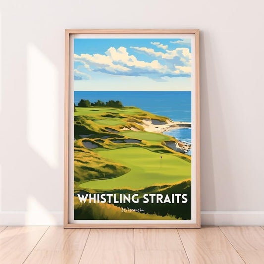 Nationcog Whistling Straits Golf Wall Art Print, Retro Wisconsin Coastal Poster for Living Room or Office, Scenic Course Decor for Men, Gift Idea for Dad, Lakefront Room Accent (Unframed) (11x14)