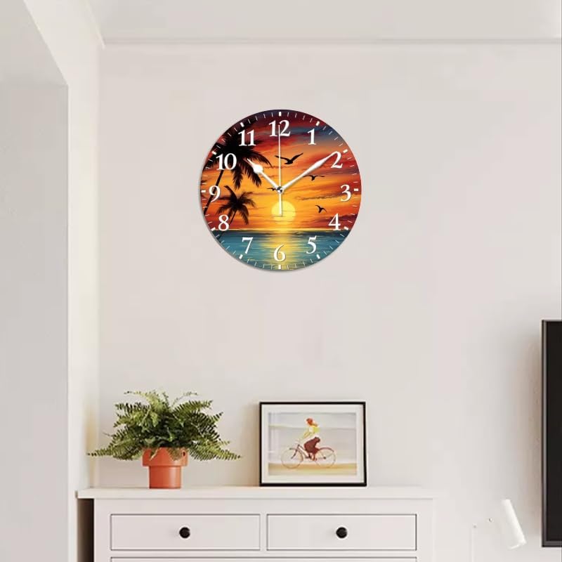 Sunset Wall Clock Non-Ticking Silent Clocks Battery Operated Analog Decor Clock for Home-Beautiful Sunset Over The Ocean with Palm Trees and Birds Flying in The Sky(12inch)