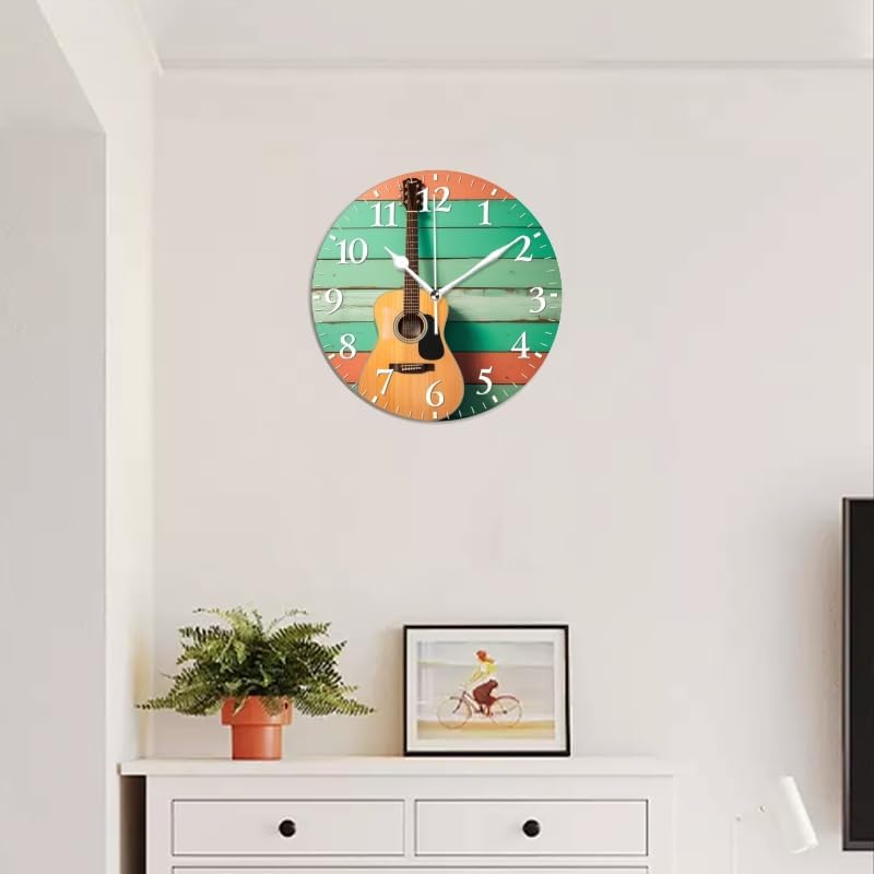 Guitar Wall Clock Non-Ticking Silent Clocks Battery Operated Analog Decor Clock for Home-Acoustic Guitar Leaning Against Wooden Wall(10inch)