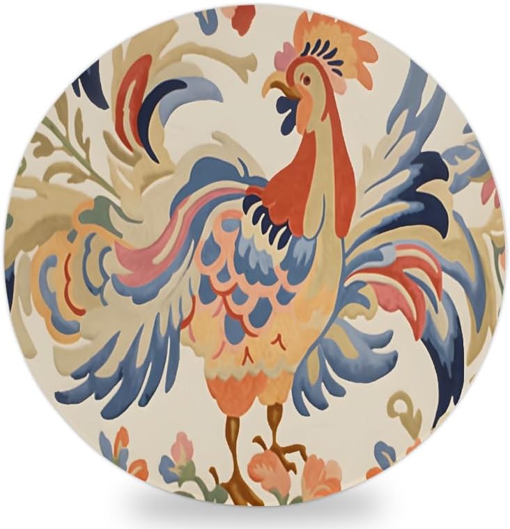 Ceramic Coasters for Drinks with Cork Back, Colorful Rooster Art 4 Inch Absorbent Coaster Set 1 Pack, Quick Dry Non-Slip Coaster Mats for Home, Office, Bar