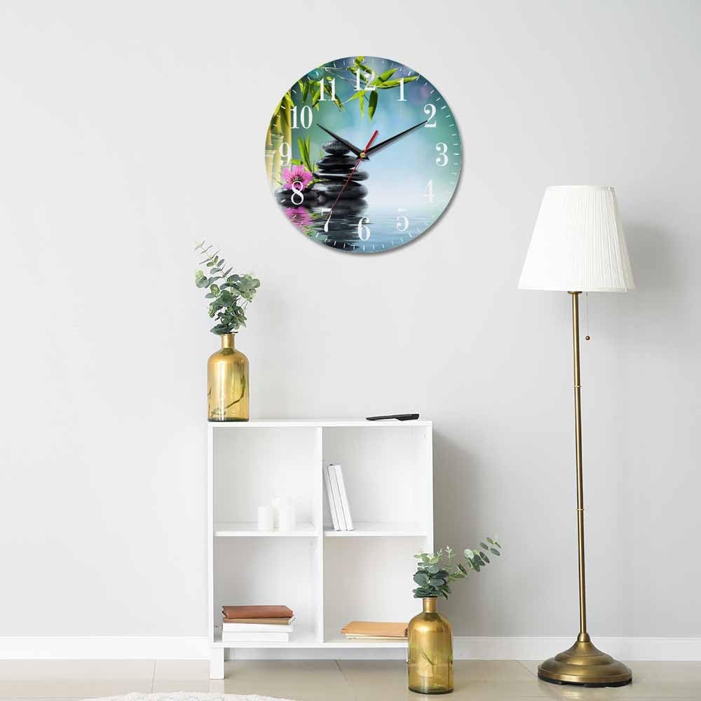 Mxocom Meditation Wall Clock Tower Black Stone and Hibiscus with Bamboo on Water Relax 10 Inch Silent Non Ticking Battery Operated Clock Vintage Round Clock for Living Room Bedroom Bathroom Decor