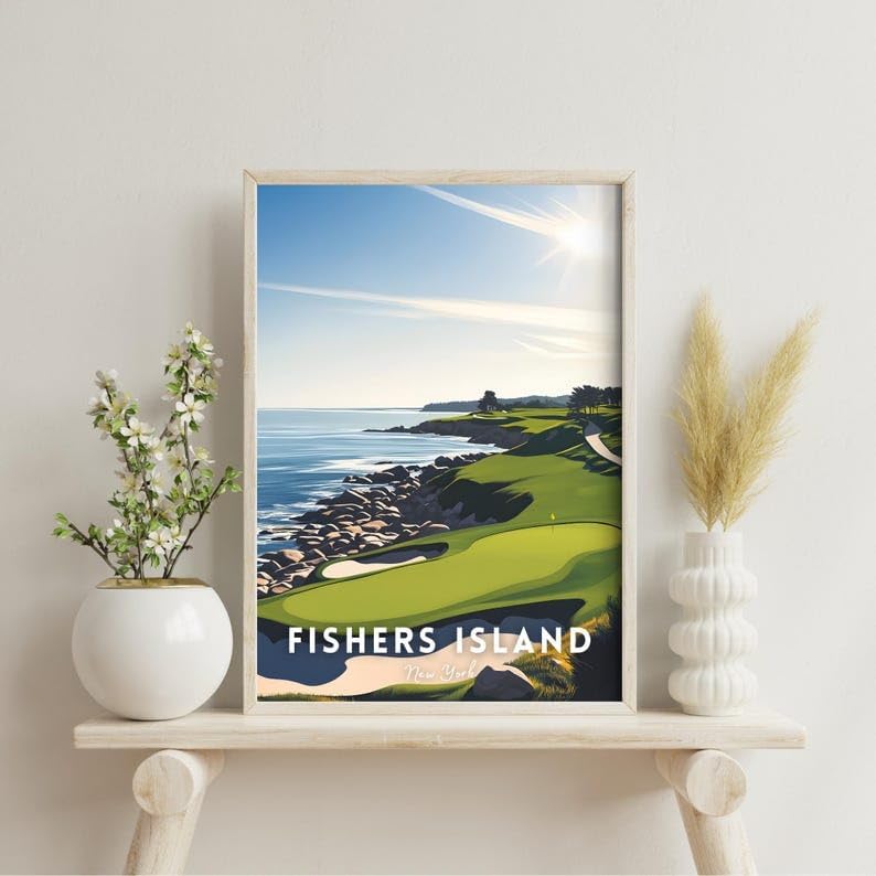 Nationcog Fishers Island Golf Course Poster, New York Vintage Wall Art, Coastal Home Decor, Unique Gift for Dad or Husband, Classic Golf Print for Office or Study (Unframed) (11x14)